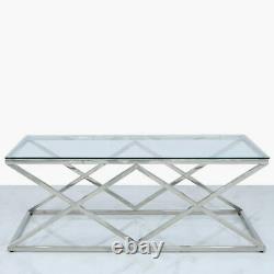 Contemporary Antoinette Silver Stainless Steel And Tempered Glass Coffee Table