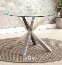 Dining Kitchen Table Round Clear Glass Top (110cm) Brushed Stainless Steel Legs