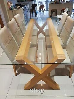Dining Table Oak, Glass, and Stainless Steel, with Six Leather Dining Chairs