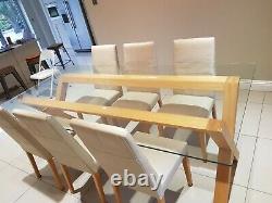 Dining Table Oak, Glass, and Stainless Steel, with Six Leather Dining Chairs