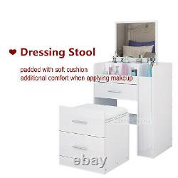 Dressing Table Stool Set Mirror with LED Lights Makeup Organizer Desk of 3 Drawers