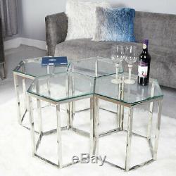 Fleur Hexagon Stainless Steel Clear Glass Coffee Side End Lamp Display Table