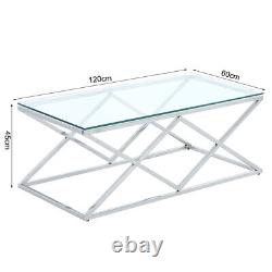 Glass Coffee Tea Table Chrome Stainless Steel Modern Tempered Glass Living Room