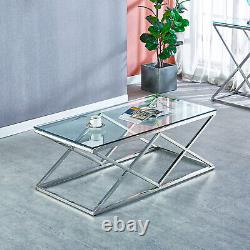 Glass Coffee Tea Table Chrome Stainless Steel Modern Tempered Glass Living Room