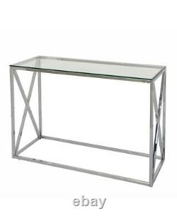 Glass Console Table Chrome Stainless Steel Modern Tempered Glass Living Room