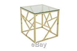 Glass, Stainless Steel metal coffee, console, side lamp table. Modern, shiny, Gold
