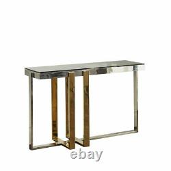 Gold And Silver Stainless Steel Console Table With Grey Glass Top