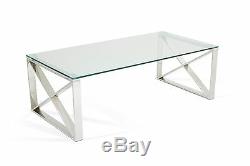 Helvig Glass Coffee Table Stainless Steel Frame Modern Criss Cross Design