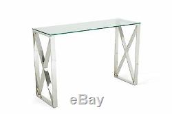 Helvig Glass Console Table Stainless Steel Frame Modern Criss Cross Design