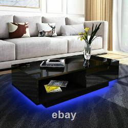 High Gloss Coffee Table Storage Drawer LED Modern Living Room Black Furniture