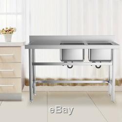 Kitchen Sink Catering Steel Double Bowl Wash Table with Left Platform Commercial