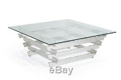 Kyoto Glass Coffee Table Square Stainless Steel Frame Slatted Design