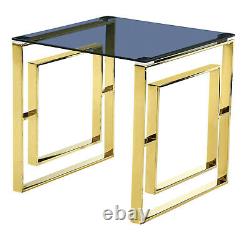 Lamp Table Side End Table Display Stand Grey Square Glass Stainless Steel Gold