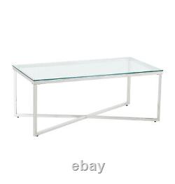Large Glass Coffee Table Stainless Steel Frame Modern Entrainment Table