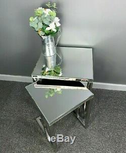Meridian Silver Sparkly Stainless Steel 2 Mirrored Nest Of Tables End Table
