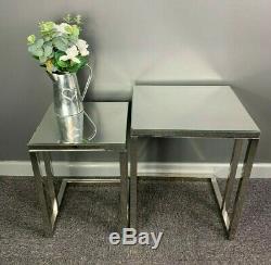 Meridian Silver Sparkly Stainless Steel 2 Mirrored Nest Of Tables End Table