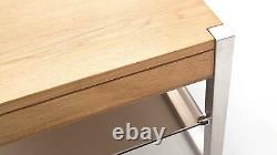 ModaNuvo Modern Solid Oak Coffee Table Glass Shelf Stainless Steel Metal Legs