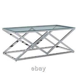 Modern Coffee Table Transparent Tempered Glass and Stainless Steel Living Room