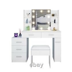 Modern Dressing Table with Lights Stool Set Makeup Desk 5 Drawer & Sliding Mirror