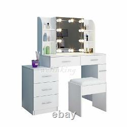 Modern LED Light Dressing Table Makeup Desk 5 Drawers Mirror Stool Organiser Set