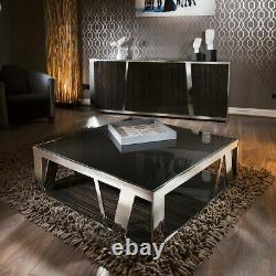 Modern Luxury Large Square Coffee Table Glass Ebony, Stainless Steel V