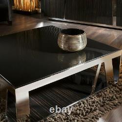 Modern Luxury Large Square Coffee Table Glass Ebony, Stainless Steel V