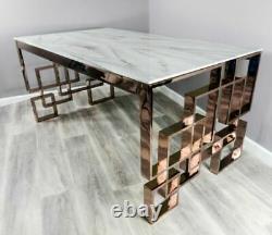 Modern Marble Glass/Rose Gold Stainless Steel Rectangular Geometric Dining Table