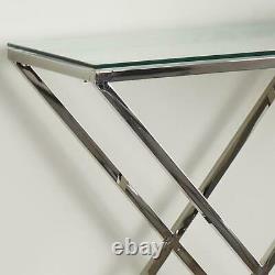 Modern Silver Stainless Steel Metal Clear Glass Top Console Side Hall Table