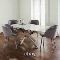 Modern Silver Stainless Steel Metal & White Marble Glass Top Dining Table