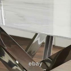 Modern Silver Stainless Steel Metal & White Marble Glass Top Dining Table