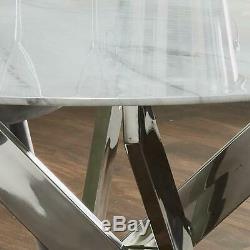 Modern Silver Stainless Steel Metal & White Marble Glass Top Round Dining Table