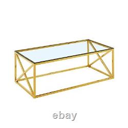 Monza Glass Coffee Table with Gold Stainless Steel Cross Frame AY53-GOLD