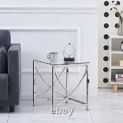 Nest of 3 Coffee Table Sofa Side End Table Tempered glass withStainless Steel Legs