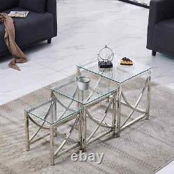 Nest of 3 Coffee Table Tempered glass withStainless Steel Legs Sofa Side End Table