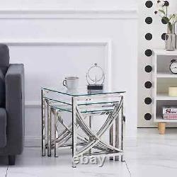 Nest of 3 Coffee Table Tempered glass withStainless Steel Legs Sofa Side End Table