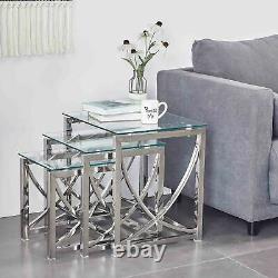 Nest of 3 Tables Coffee Table 3 Set Unit Clear Tempered Glass Table Top Side End