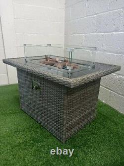 New Grey Rattan Gas Firepit Table, Incl Fire Stones Wind Guard & Ceramic Logs