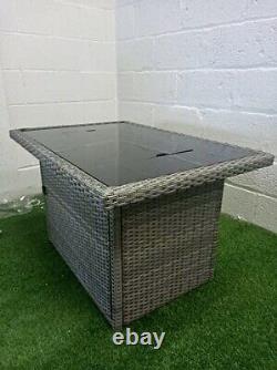 New Grey Rattan Gas Firepit Table, Incl Fire Stones Wind Guard & Ceramic Logs