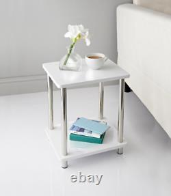 Norsk 2 Shelf Unit White-High Gloss Coffee Side Table With Stainless Steel Legs