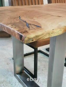 Oak Slab Epoxy Resin Table Industrial Stainless Steel Base