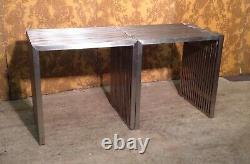 Pair Of Stainless Steel Slatted Tables, Tubular Table, Brushed Steel Bench