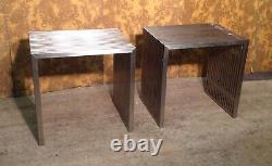 Pair Of Stainless Steel Slatted Tables, Tubular Table, Brushed Steel Bench