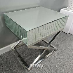 Panelled Mirrored Glass Silver Stainless Steel Frame Side Display Table Bedside