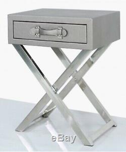 Pewter Grey Metallic Stainless Steel Faux Leather End Side Table Bedside Drawer