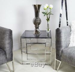 Plaza Contemporary Stainless Steel Smoked Glass Side End Hall Display Table