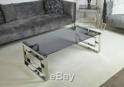 Plaza Glass Stainless Steel Console Coffee End Tables Living Room Furniture Set