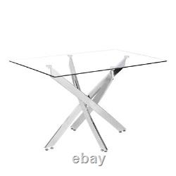 Rectangle Tempered Glass Dining Table with Cross X Shaped Stainless Steel Legs