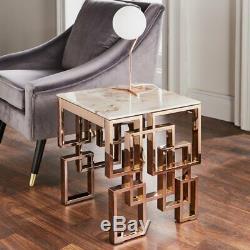 Rose Gold Copper Marble Glass Square Side End Lamp Table Stainless Steel Legs