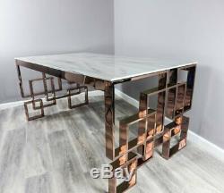 Rose Gold Copper White Marble Top Glass Dining Table Stainless Steel