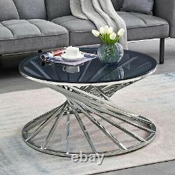 Round Glass Coffee Table End Side Tables Stainless Steel Legs Sofa Living Room